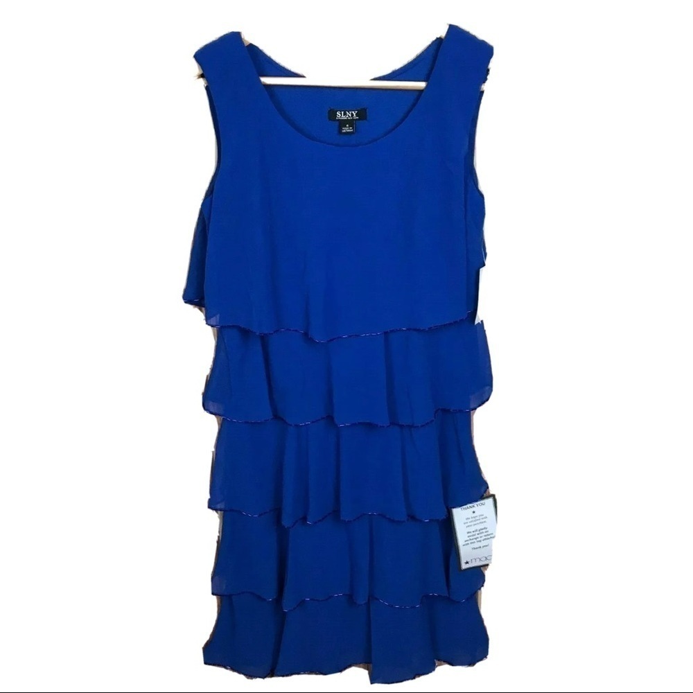 SLNY Royal Blue Beaded Tiered Dress Size 4 Cocktail Party Sleeveless Event New